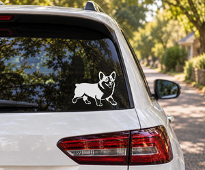 Vinyl corgi dog decal on car rear window, white and black silhouette
