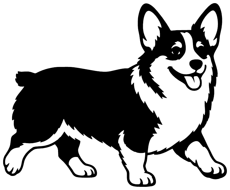 Corgi dog vinyl decal, black and white silhouette with friendly open-mouth smile