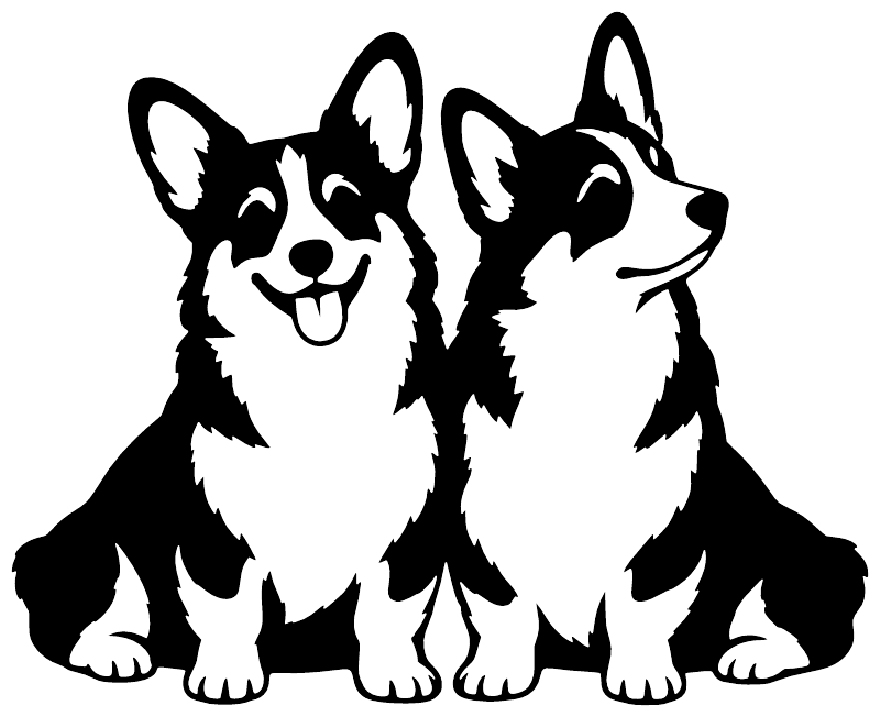 Black and white vinyl decal of two seated corgis, one facing right