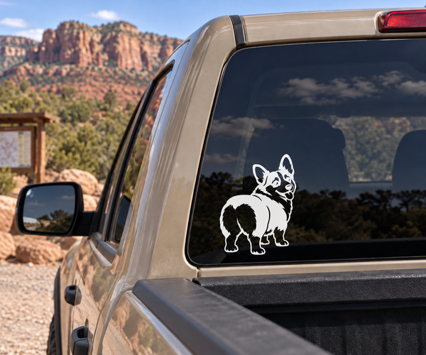 Black-and-white corgi vinyl decal for car window