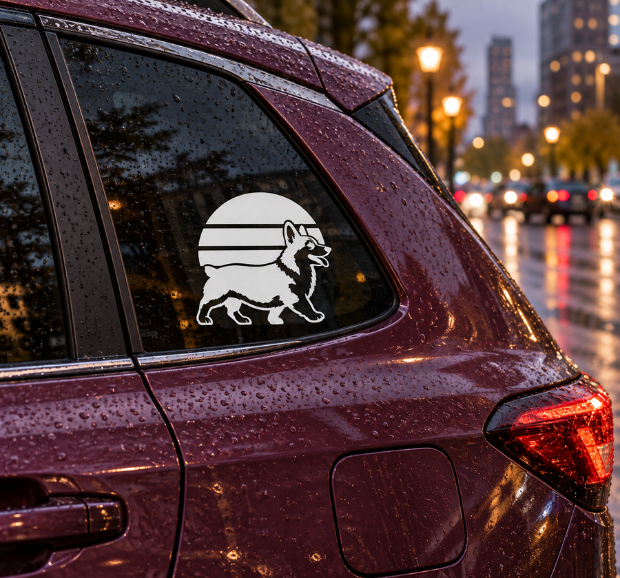 Corgi vinyl decal on car window, white graphic with black outline