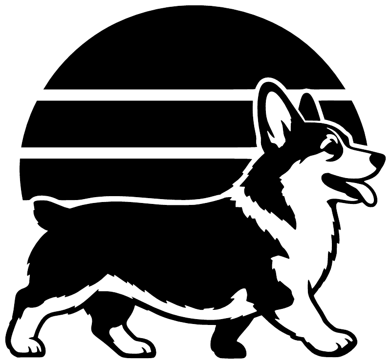 Corgi vinyl decal graphic with black outline, white fill, layered stripe shapes