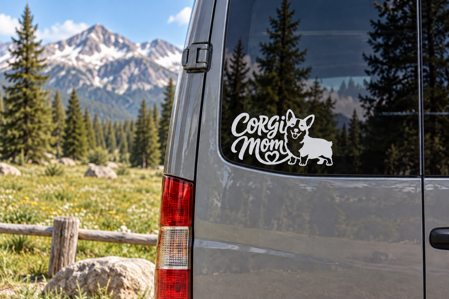 Corgi Mom vinyl decal on gray car window, black cursive text with heart and corgi