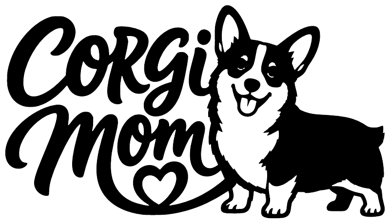 Corgi Mom vinyl decal design, black and white cursive lettering with corgi and heart