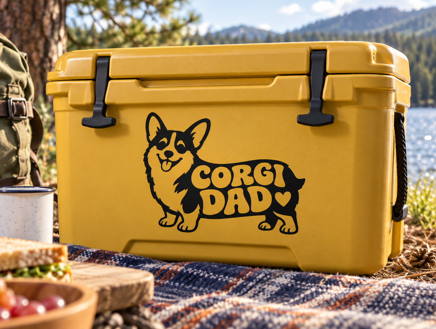 Vinyl decal: black corgi with “CORGI DAD” text and heart graphic