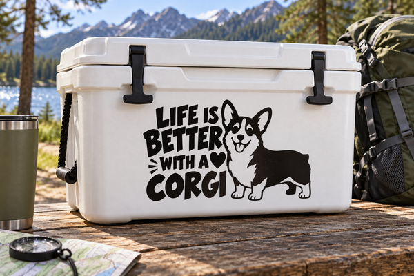 Vinyl decal: corgi with "Life is Better With a Corgi" lettering