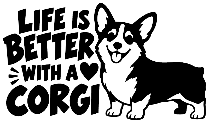 Vinyl decal with corgi dog graphic, heart, and "Life is Better With a Corgi" text