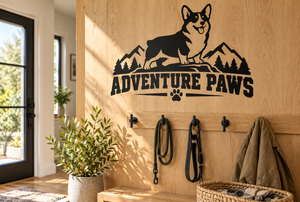 Corgi and mountain vinyl wall decal reading 'ADVENTURE PAWS' with paw print