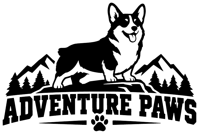Corgi silhouette vinyl wall decal with mountains and 'ADVENTURE PAWS' text