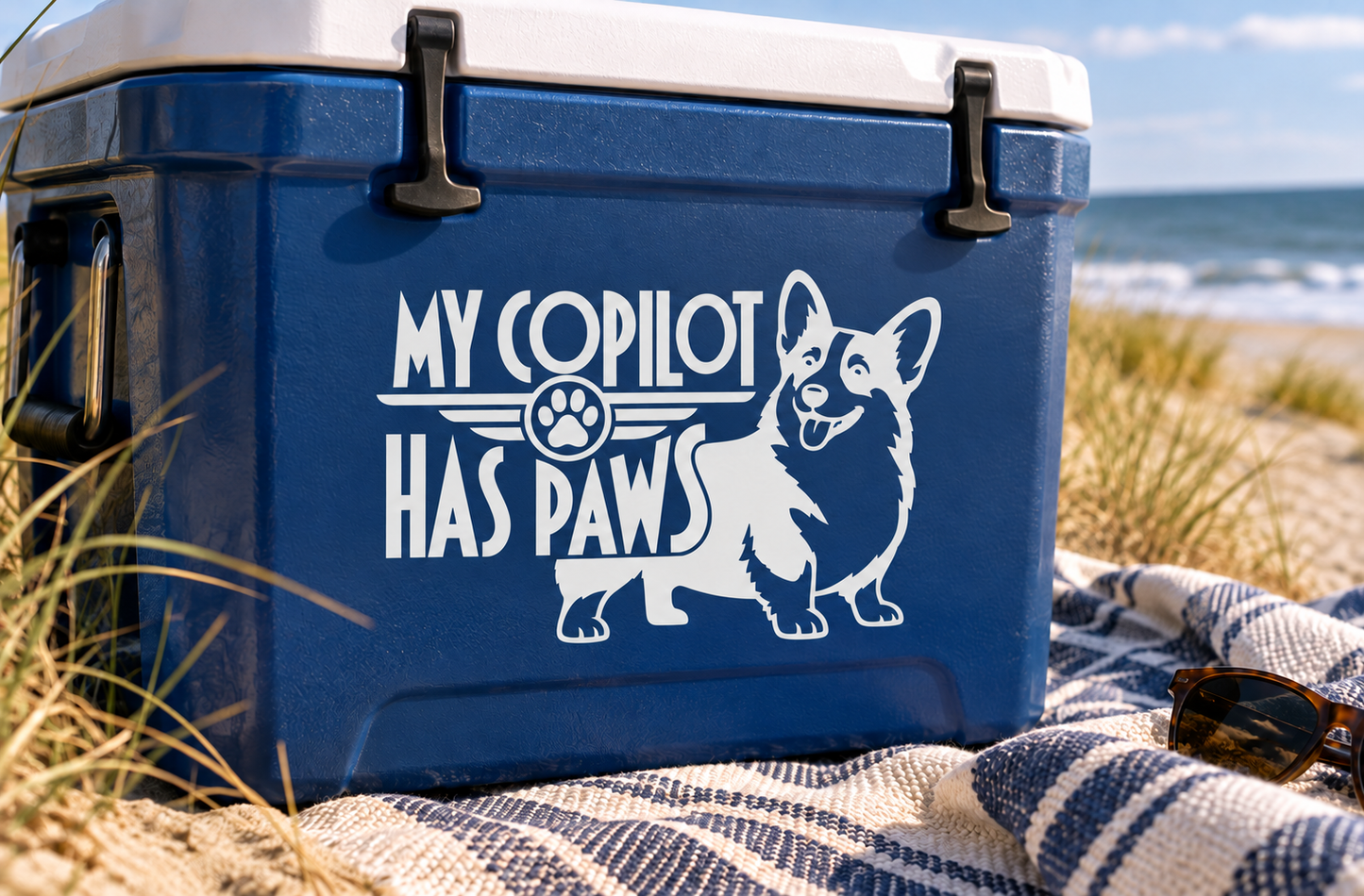 Blue cooler vinyl decal: “My Copilot Has Paws” with corgi dog and paw print icon