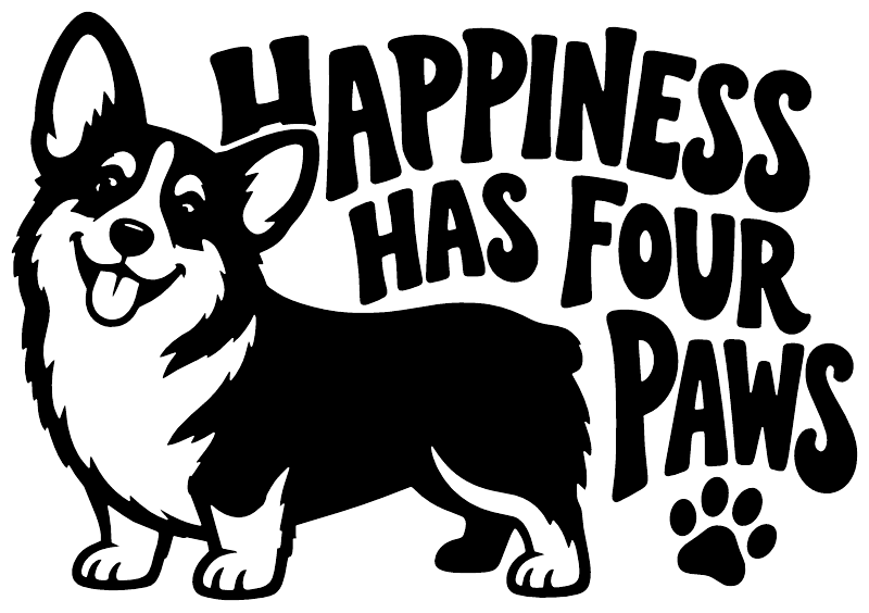 Black corgi vinyl decal sticker reading 'Happiness Has Four Paws' with paw print