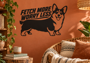 Corgi vinyl decal with 'FETCH MORE WORRY LESS' text and standing dog silhouette