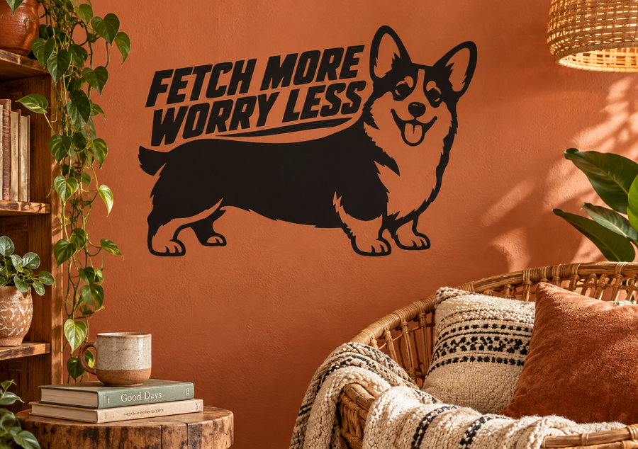 Corgi vinyl decal with 'FETCH MORE WORRY LESS' text and standing dog silhouette