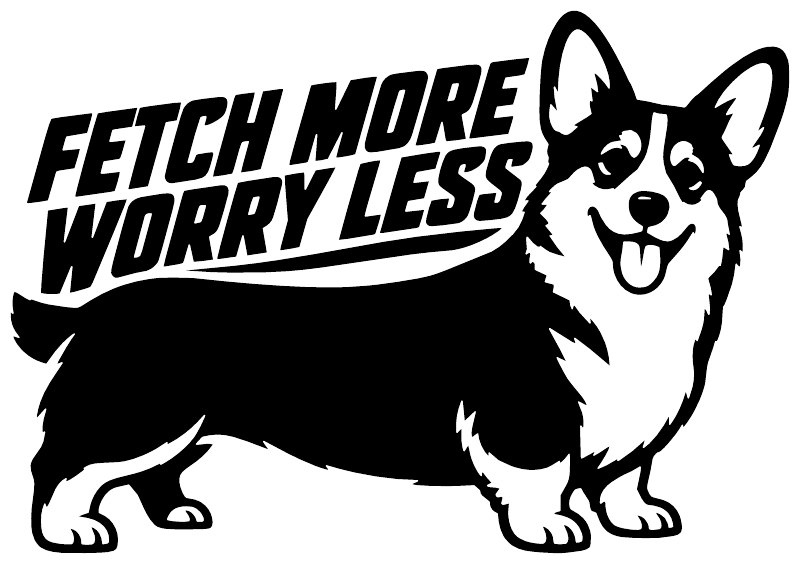 Black corgi vinyl decal with bold 'FETCH MORE WORRY LESS' lettering and dog outline