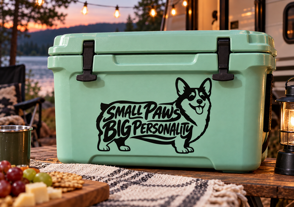 Corgi vinyl decal with “Small Paws Big Personality” on a green cooler lid