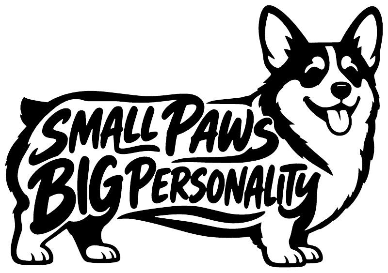 Corgi vinyl decal with bold “Small Paws Big Personality” text and outline