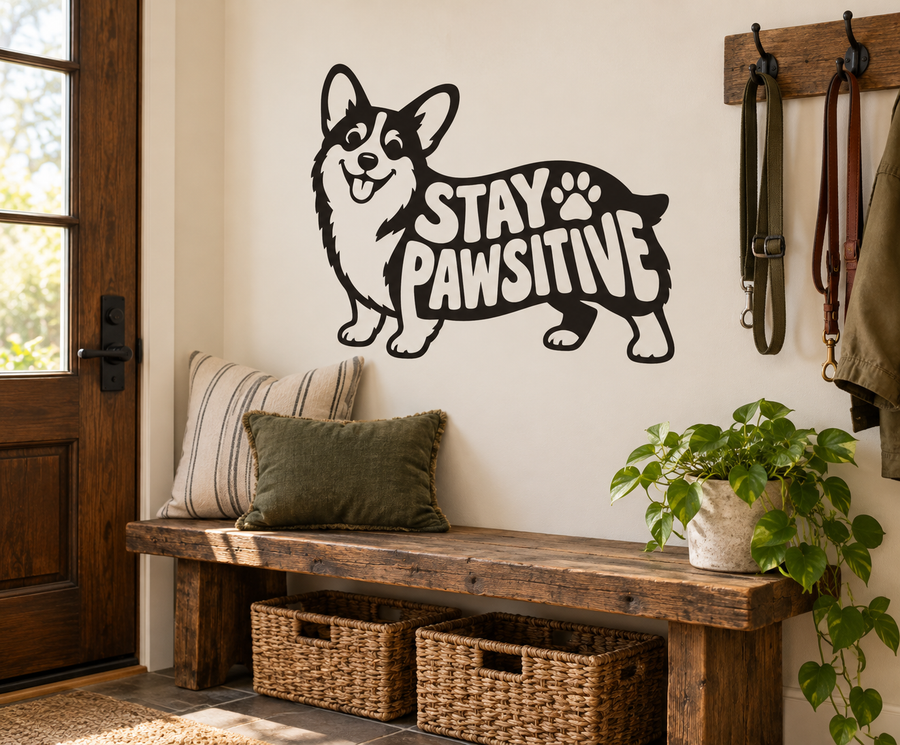 Corgi vinyl wall decal with 'STAY PAWSITIVE' text and paw-print design