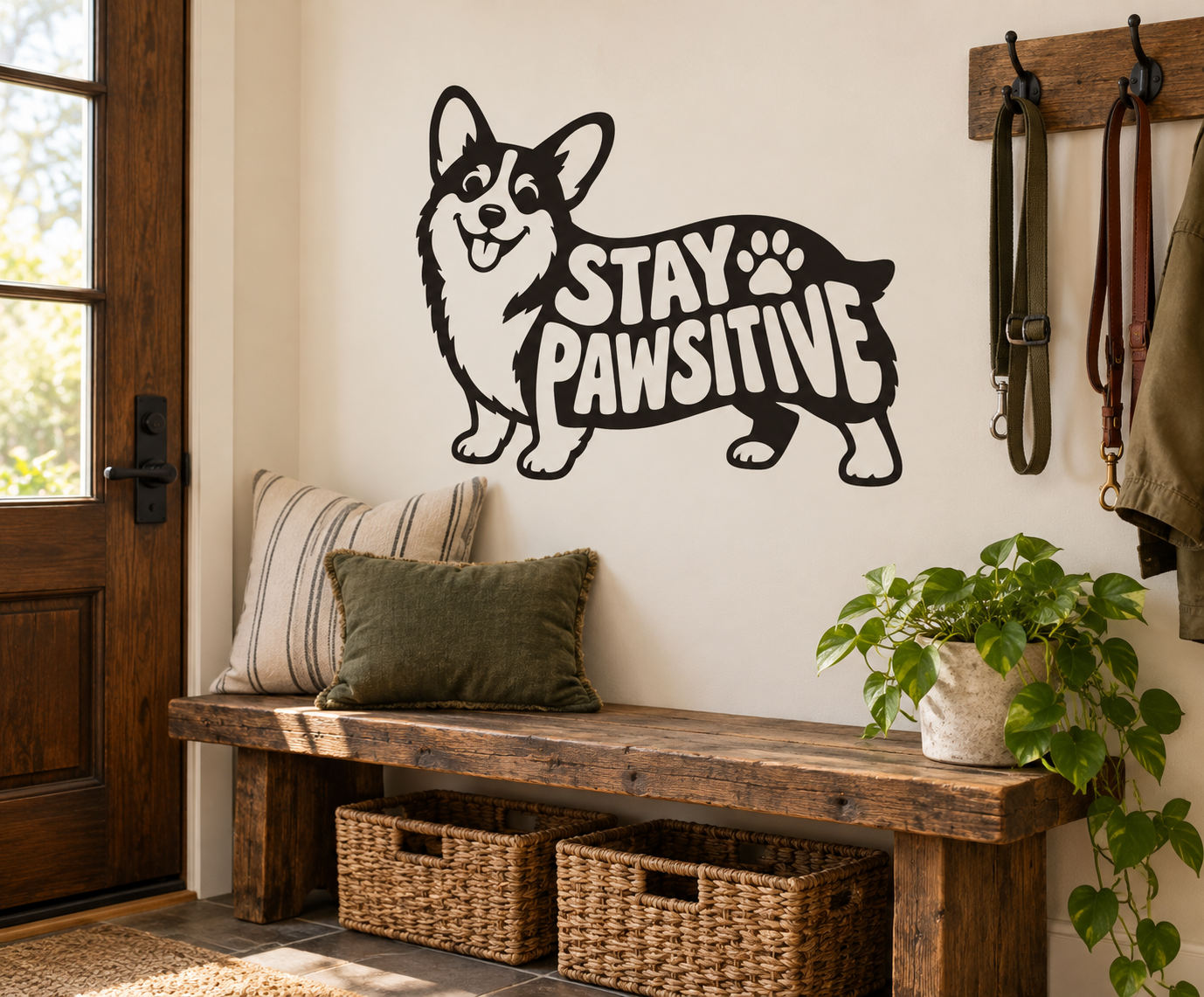 Corgi vinyl wall decal with 'STAY PAWSITIVE' text and paw-print design