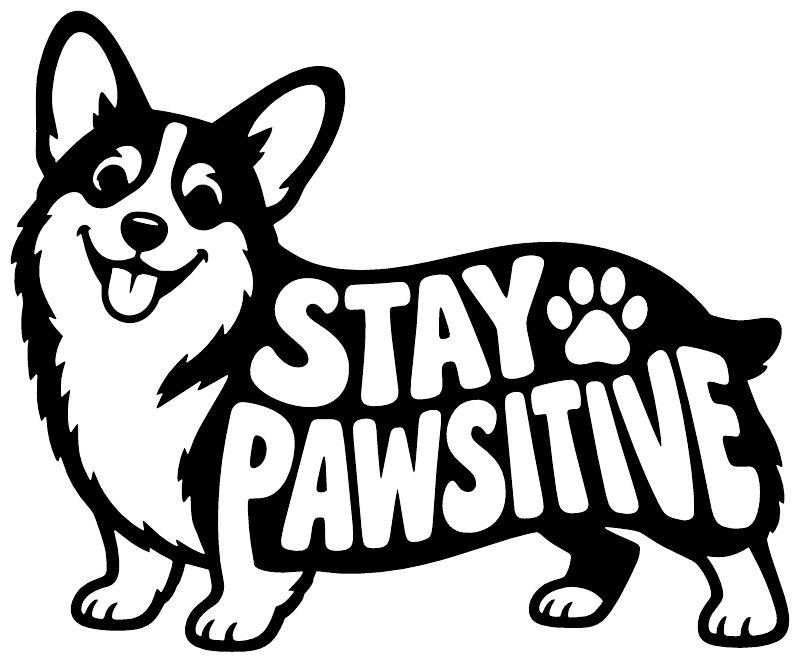 Corgi vinyl decal close-up with 'STAY PAWSITIVE' lettering and paw-print accents