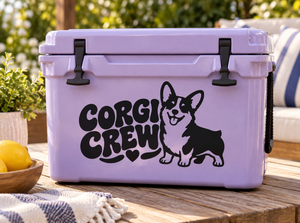 Purple vinyl decal with 'Corgi Crew' text, heart, and corgi dog silhouette