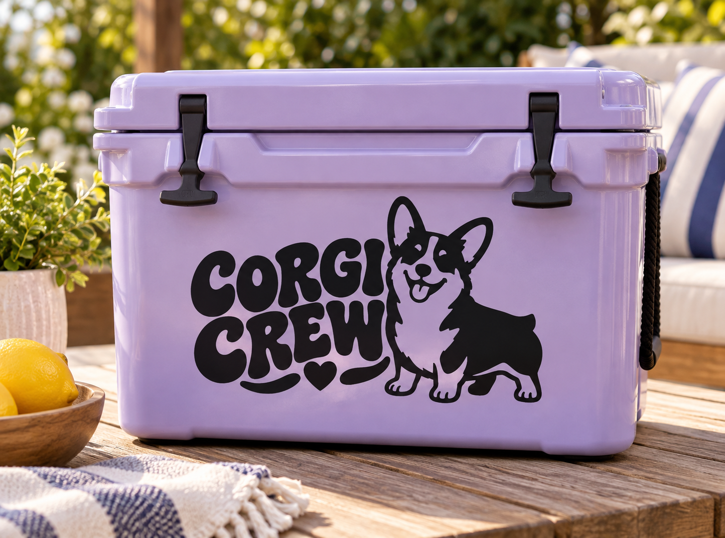 Purple vinyl decal with 'Corgi Crew' text, heart, and corgi dog silhouette