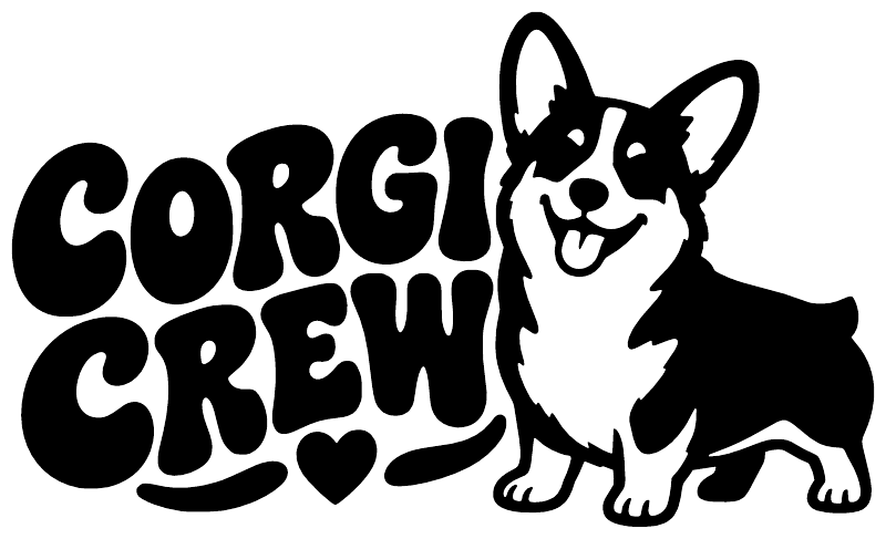 Black vinyl decal with 'Corgi Crew' text, heart, and corgi dog silhouette