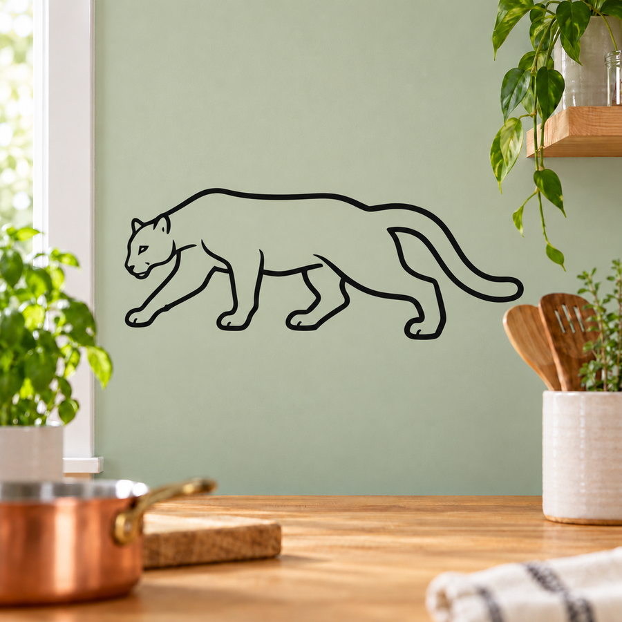 Prowling cougar outline vinyl wall decal with long curled tail, black design