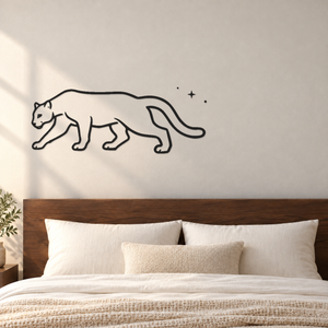 Black outline cougar wall decal with long curled tail and compass diamond accent