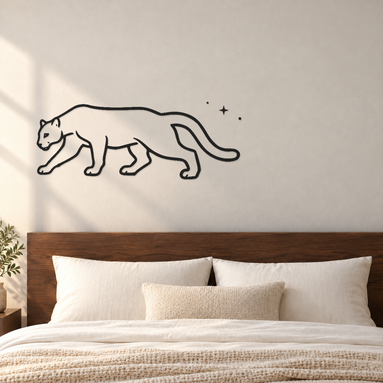 Black outline cougar wall decal with long curled tail and compass diamond accent