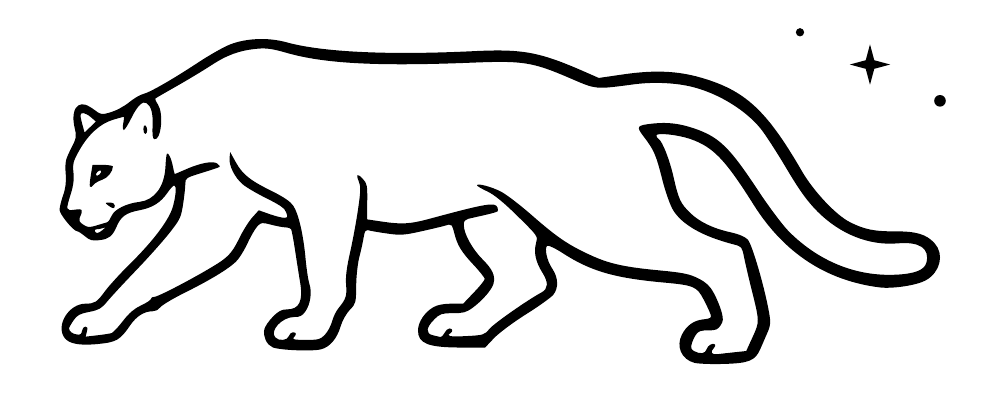 Black outline prowling cougar wall decal with long curled tail and small star sparkles