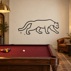Black mirrored cougar wall decal, long curled tail and compass sparkle points outline.