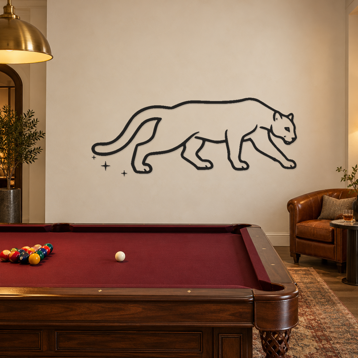 Black mirrored cougar wall decal, long curled tail and compass sparkle points outline.