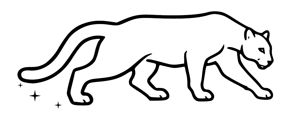 Black outline cougar wall decal, mirrored prowling pose with curled tail and stars.