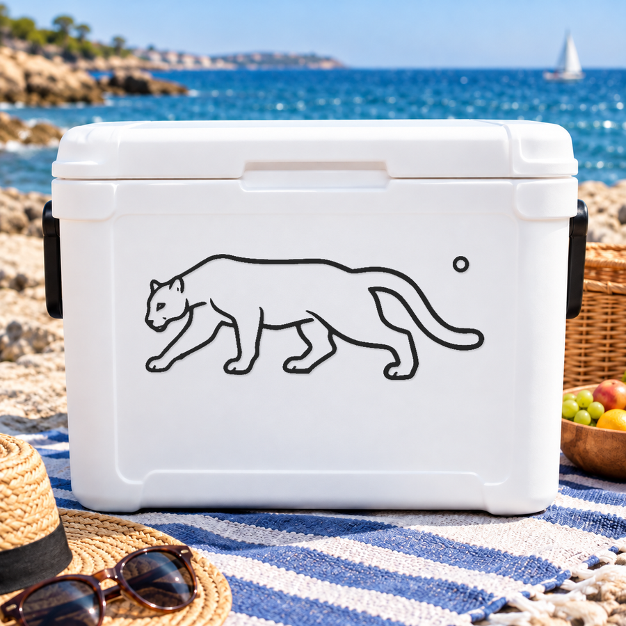 Cougar outline vinyl decal with small dot detail on a white cooler