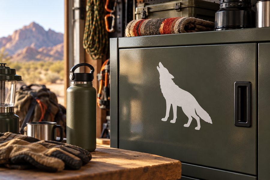 White vinyl decal of coyote howling silhouette with bushy tail