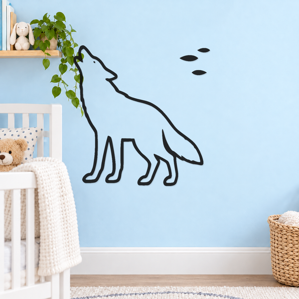 Standing howling coyote outline wall decal with three paw prints