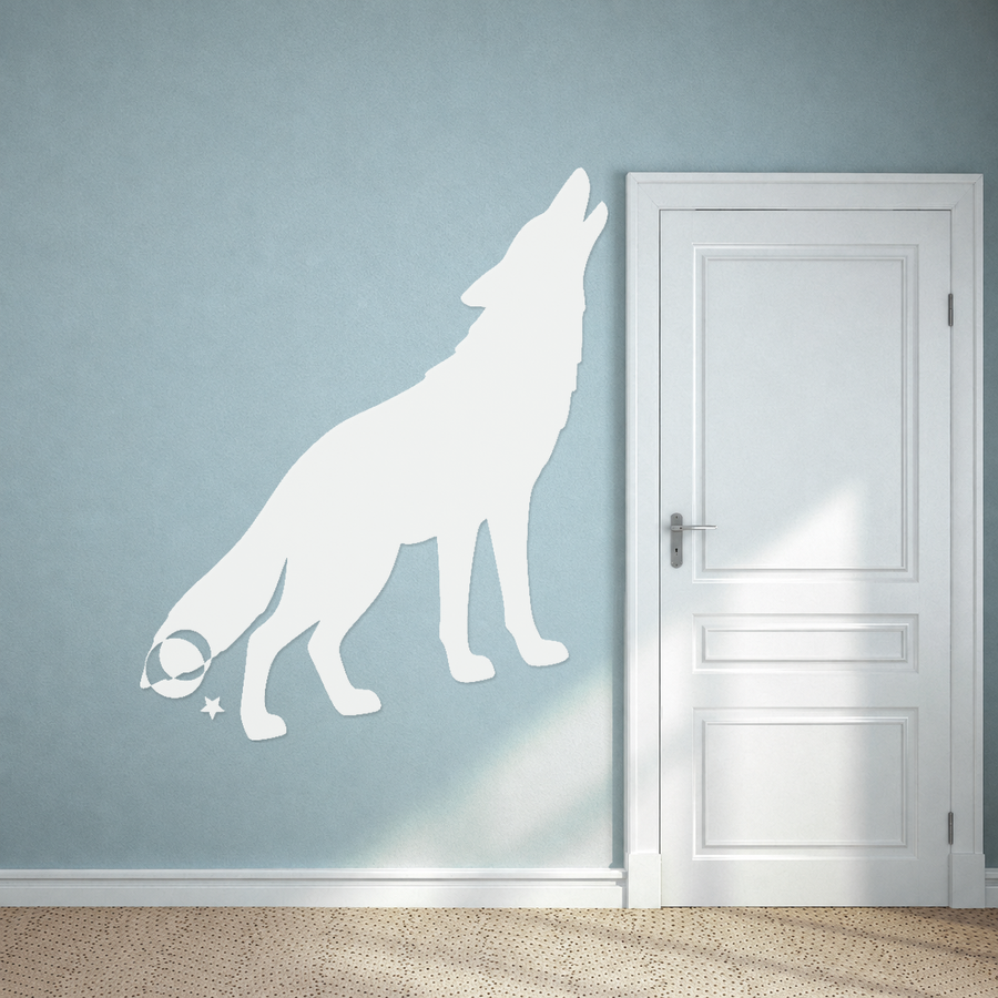 White howling coyote vinyl decal with crescent eye and small star accents