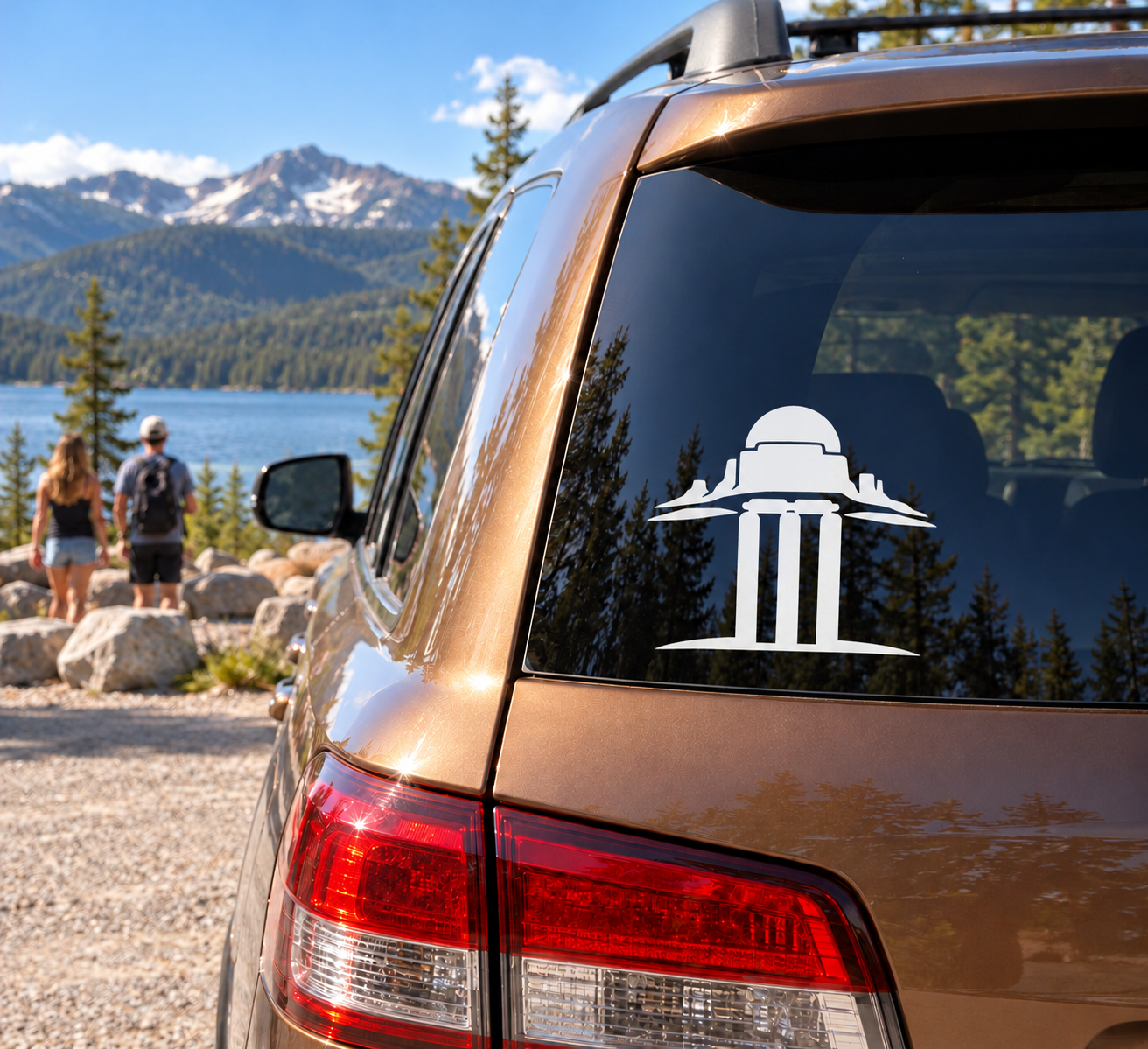 Vinyl decal of cricket wicket canyon building on car rear window