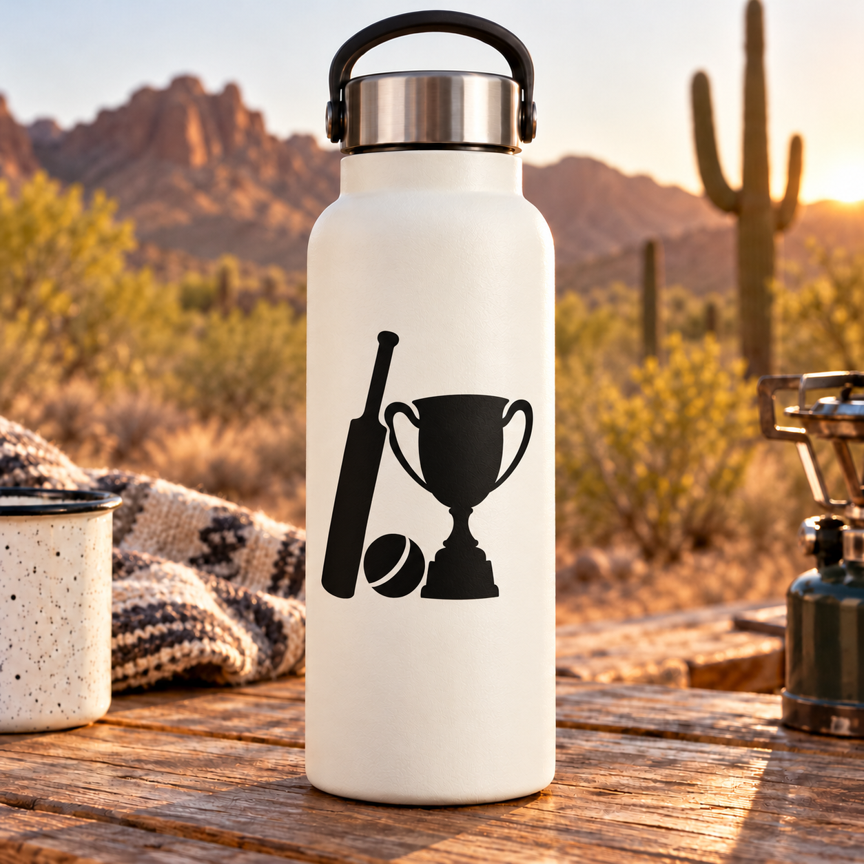 Cricket trophy vinyl decal on white bottle: black bat, ball, and trophy cup graphic