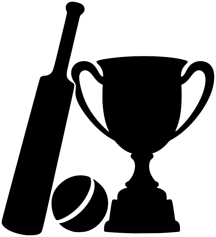 Cricket trophy vinyl decal graphic: black bat, ball, and trophy cup on white