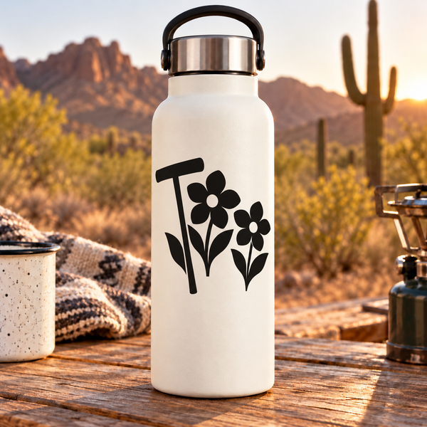 Black vinyl decal of wildflower mallet with three flowers on a white bottle