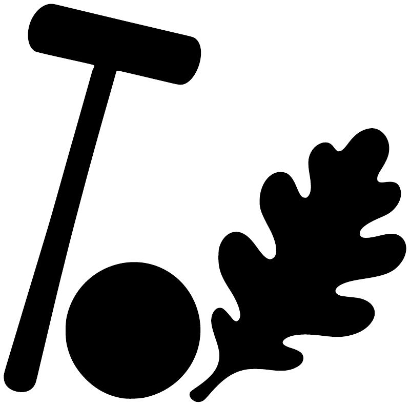Croquet play vinyl decal close-up with black mallet, ball, and oak leaf shapes