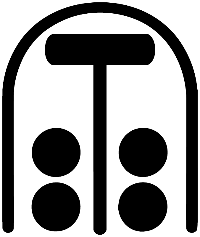 Vinyl decal crest close-up: black arched outline, T stem, and four black circles