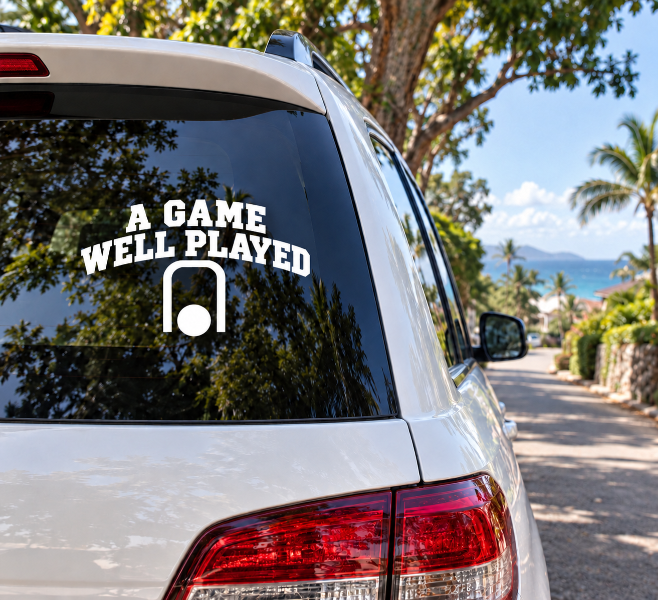 Croquet vinyl decal: 'A GAME WELL PLAYED' with wicket icon on window