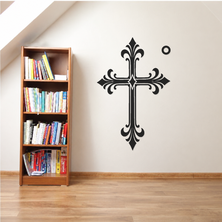 Ornate black cross vinyl decal with circular ring detail