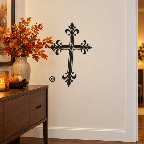 Ornate black cross vinyl wall decal with double orbit ring accents