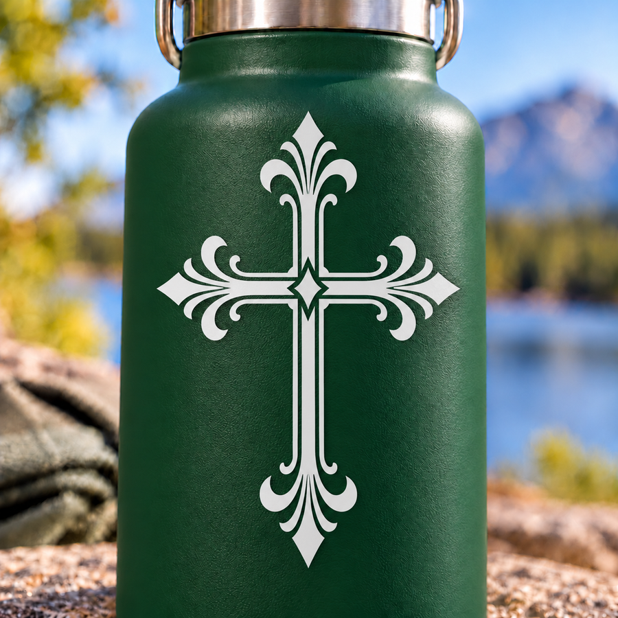 Green bottle with ornate white cross vinyl decal, fleur tips and diamond center