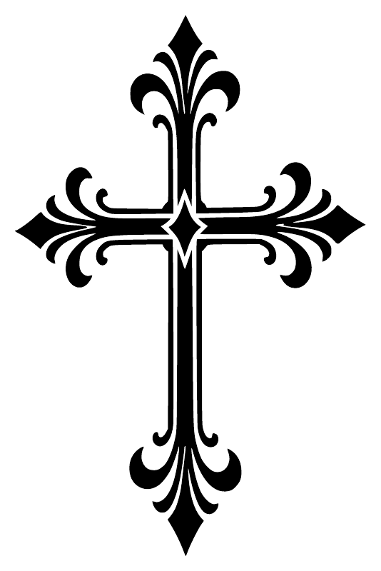 Black ornate cross vinyl decal with fleur tips and open diamond center