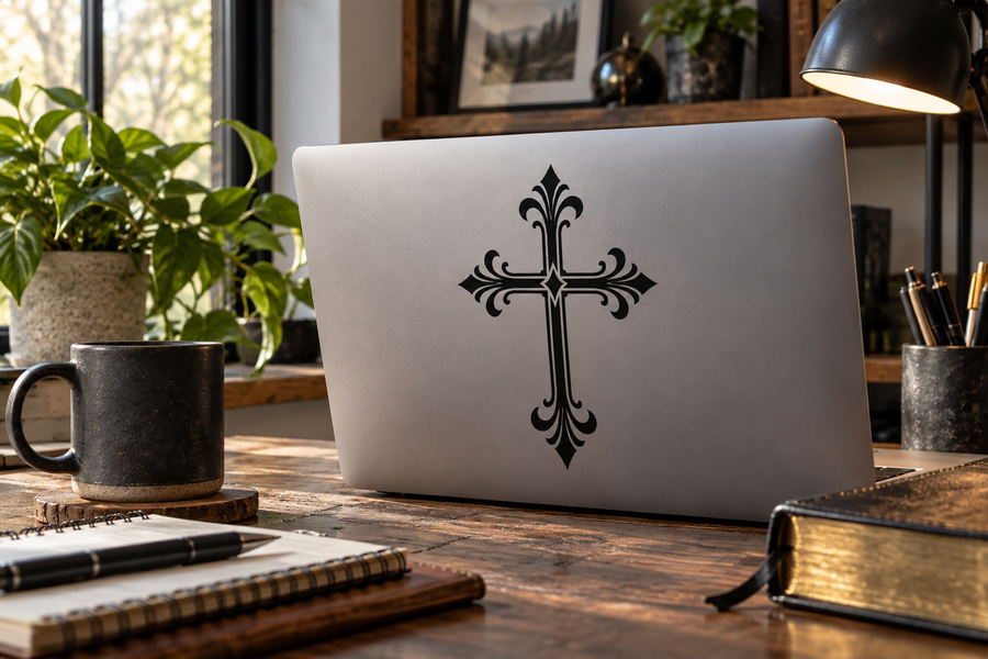 Ornate black cross vinyl decal with diamond center on smooth surface