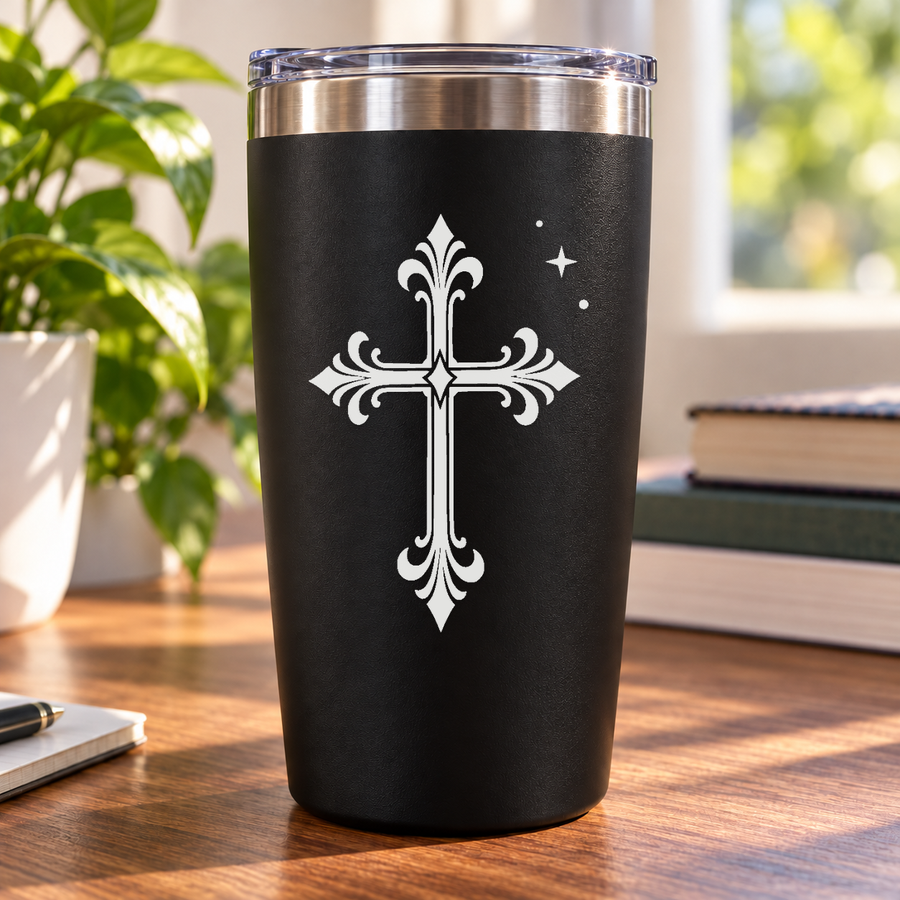 Black tumbler with ornate silver cross and small star accents